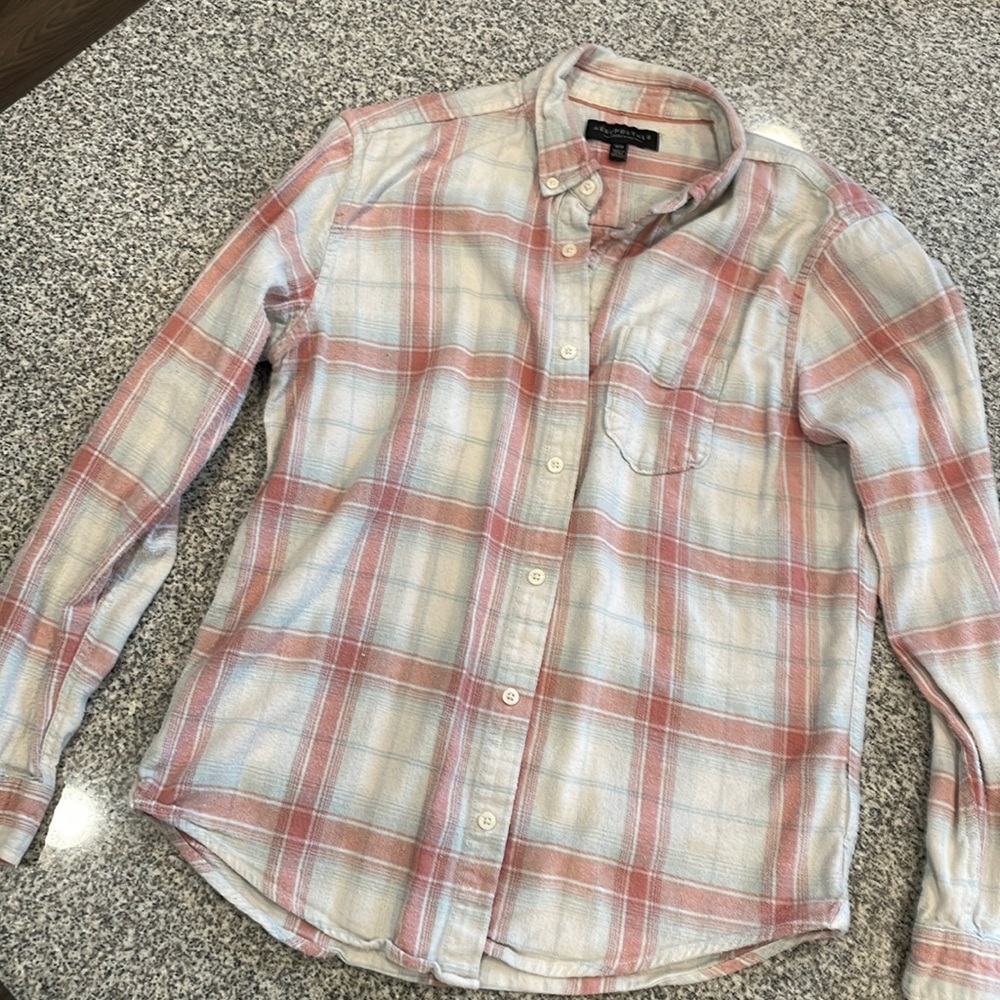 Pink, blue, and white plaid button up